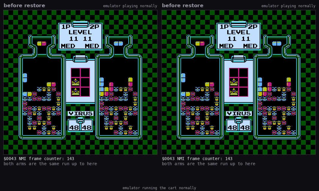 The same emulator reproduction run twice, with the patch as the only variable. Both sides receive the same captured RAM, including the corrupted trailing bytes. Left, the unpatched retail bytes: the game stops dead and its picture never changes again. Right, the same cart with three bytes changed at file offset $14A1: the match resolves and play continues for the rest of the window.